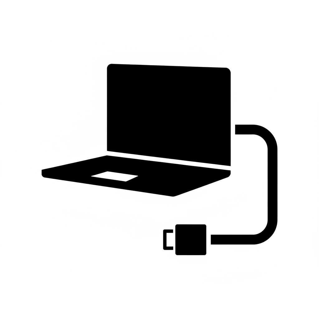 laptop with cable coming out of it icon in black